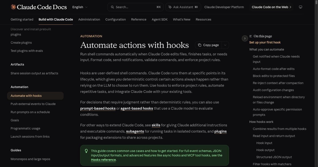 Claude Code official hooks guide documentation showing PreToolUse hooks, the enforcement mechanism the post recommends instead of writing must-happen rules into CLAUDE.md as plain context