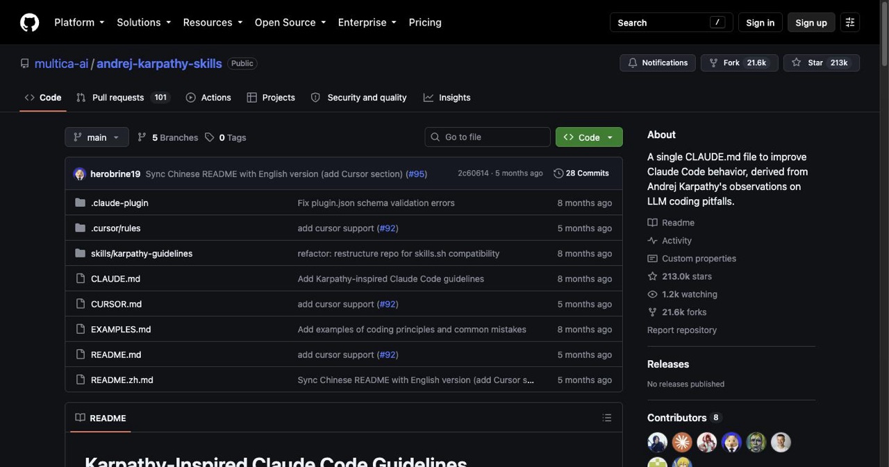 The multica-ai/andrej-karpathy-skills GitHub repository, a widely starred single CLAUDE.md file for improving Claude Code with behavior-focused rules on thinking before coding, simplicity, and surgical changes