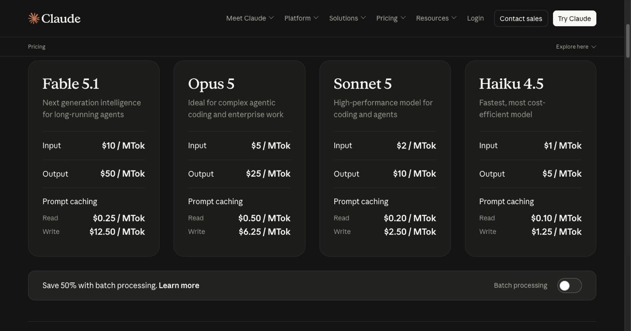 Anthropic's API pricing page listing per-million input and output token rates for the Claude model family, where a reader verifies Sonnet 5 pricing against Opus 4.8 once the intro window ends.