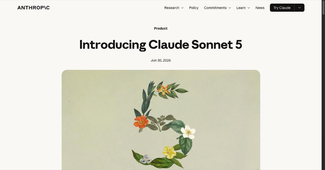 Anthropic's official Claude Sonnet 5 announcement page, showing the model name, its agentic coding positioning, and the benchmark and availability details for the June 30, 2026 release.