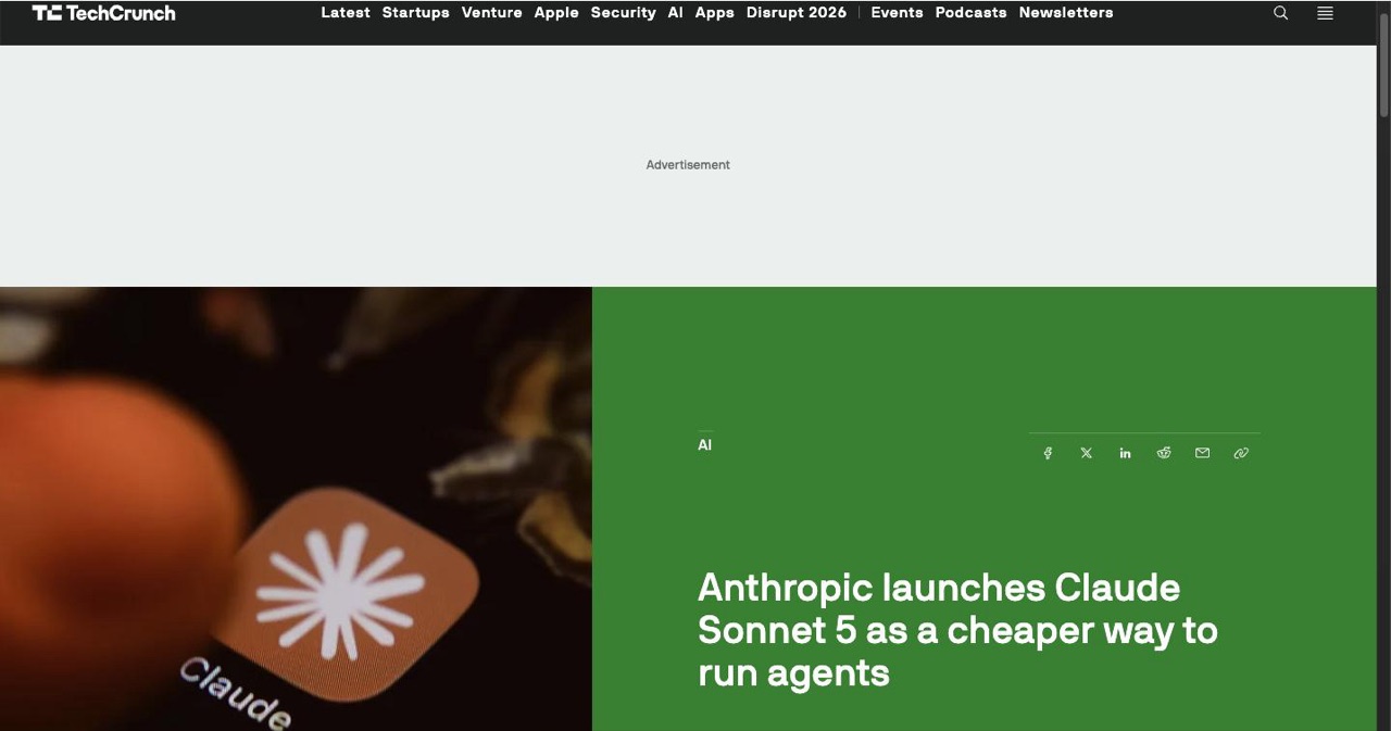 TechCrunch article headlined that Anthropic launches Claude Sonnet 5 as a cheaper way to run agents, the coverage quoting Zapier engineer Daniel Shepard on workflows that now complete.