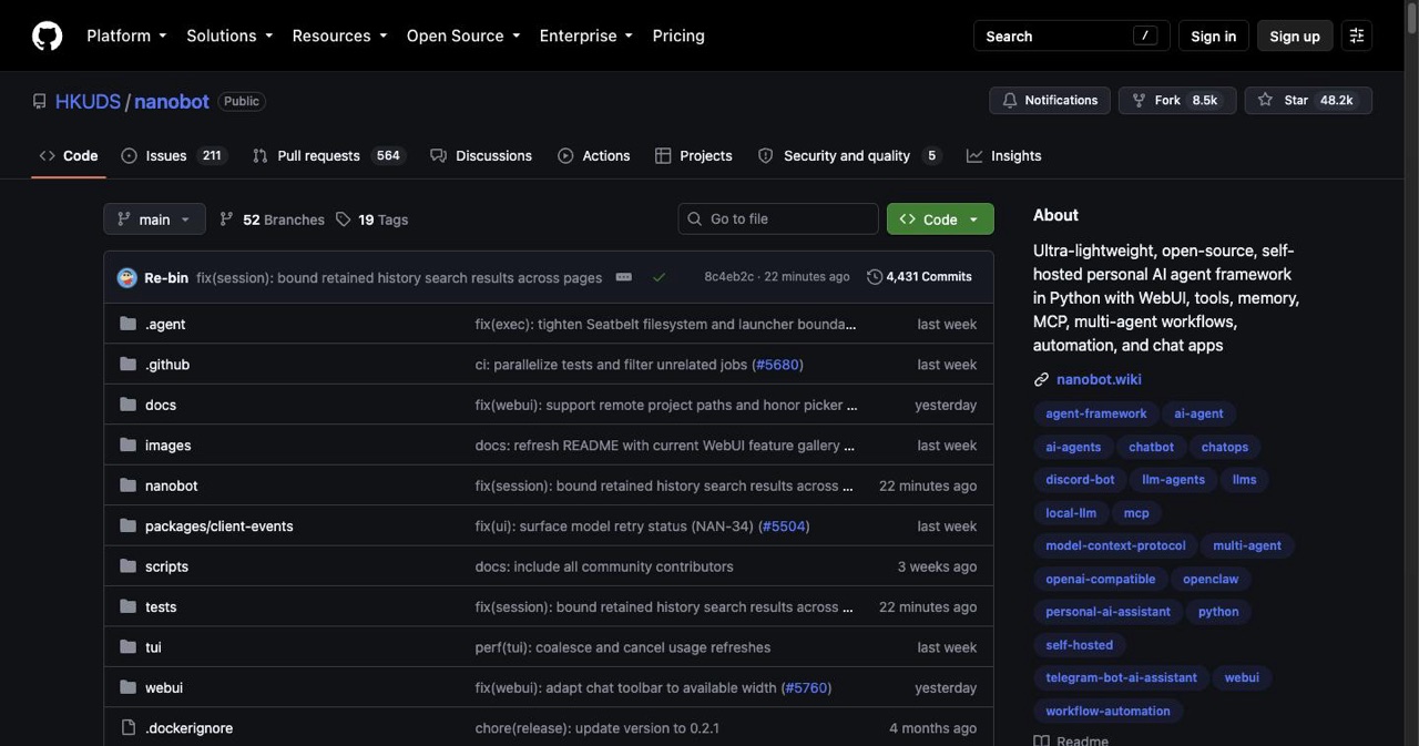 GitHub repository page for HKUDS/nanobot, the lightweight OpenClaw-style agent built in roughly 4,000 lines of Python that runs in under 10MB of RAM on cheap edge hardware.