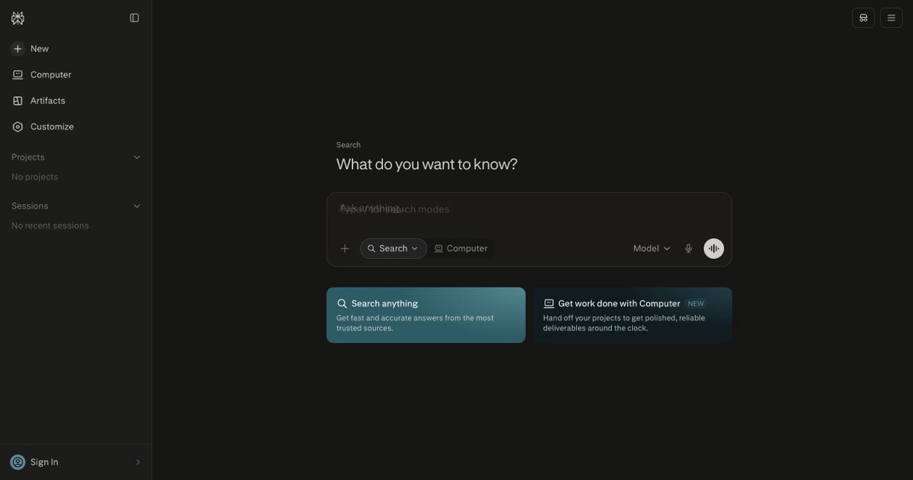 Perplexity homepage, the company behind Perplexity Computer, the February 2026 agent that orchestrates 19 AI models with Claude Opus 4.6 as its central reasoning engine.