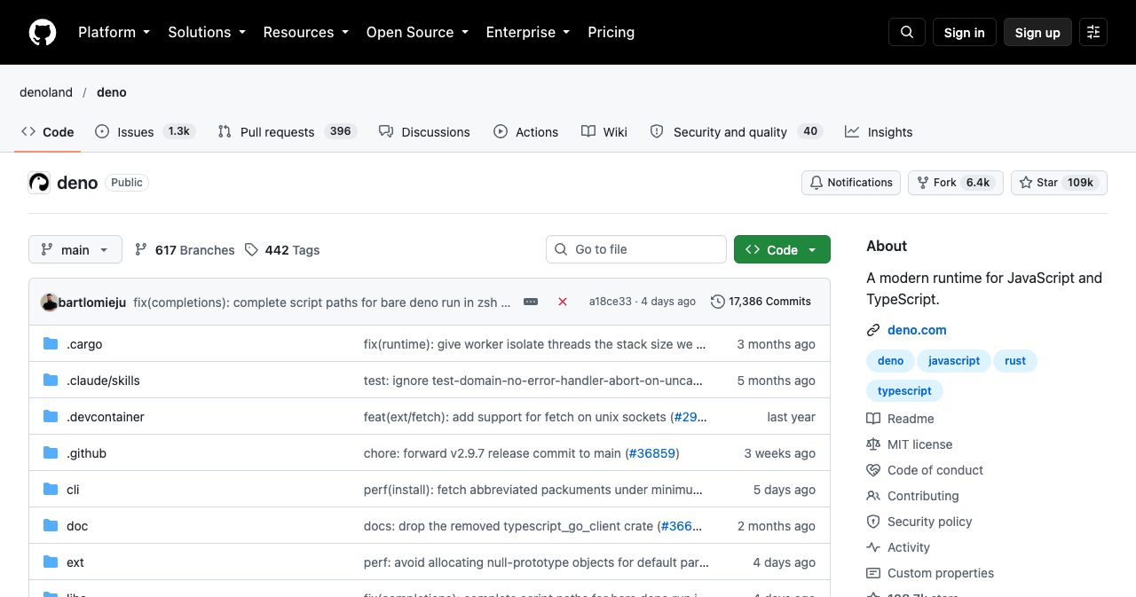The denoland/deno repository on GitHub showing repository details and open-source license, documenting the runtime whose official team development will sunset one year following the Cloudflare acquisition.