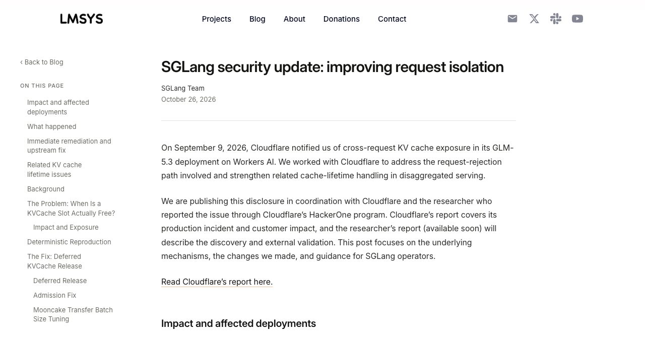 SGLang's coordinated security update on lmsys.org confirming that Cloudflare notified the inference engine's maintainers on 9 September 2026 and that the admission fix closes the request-rejection path in disaggregated prefill/decode serving