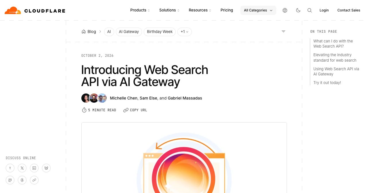 Cloudflare's October 2, 2026 Birthday Week blog post introducing the Web Search API through AI Gateway, tagged AI, AI Gateway and Birthday Week, with the author names and launch date visible