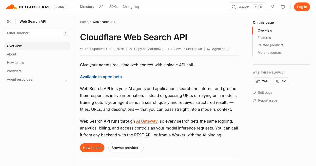 Cloudflare's Web Search API documentation overview, last updated October 2, 2026, showing the Available in open beta label and that the search runs through AI Gateway via a REST API or the Workers AI binding