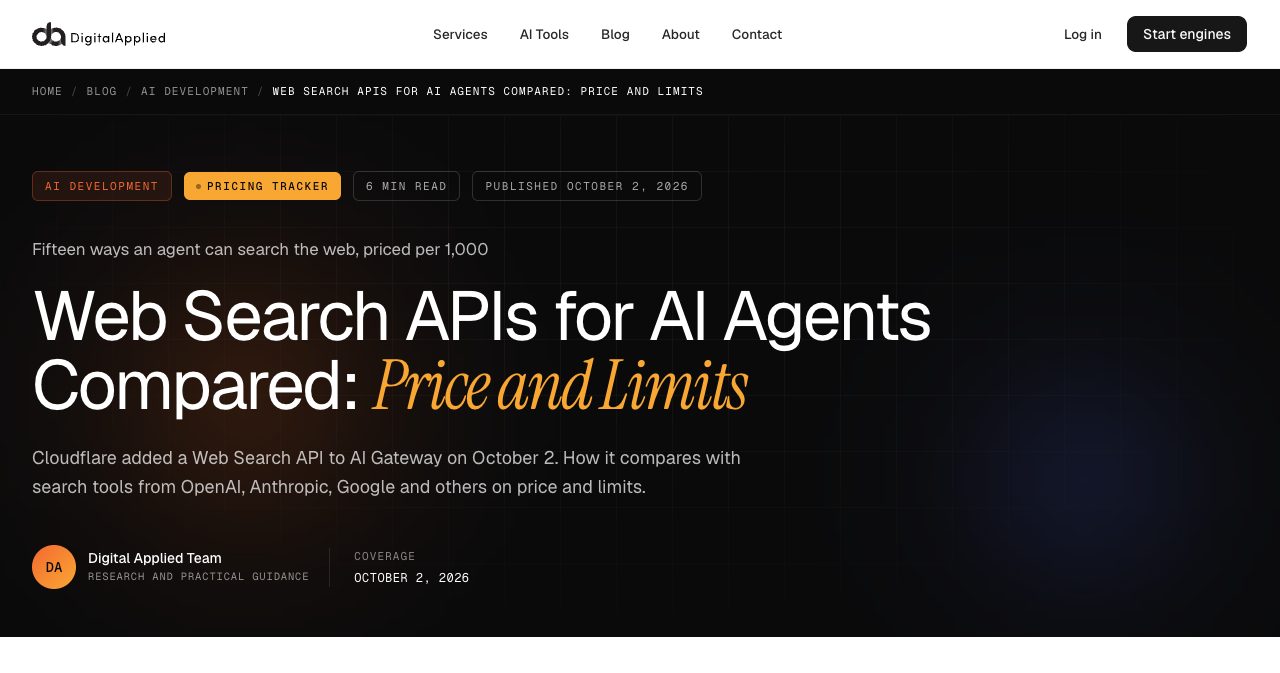 Digital Applied's October 2, 2026 pricing tracker comparing web search APIs for AI agents per 1,000 requests, placing Cloudflare's Ceramic and Linkup options beside model-native search tools