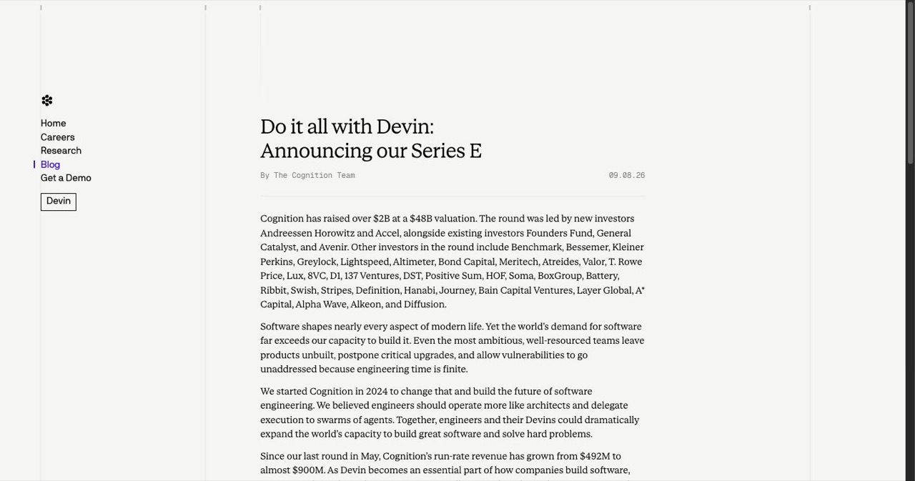 Cognition's official Series E announcement, the primary source confirming the September 8, 2026 round of over $2 billion at a $48 billion valuation for the maker of the Devin coding agent.