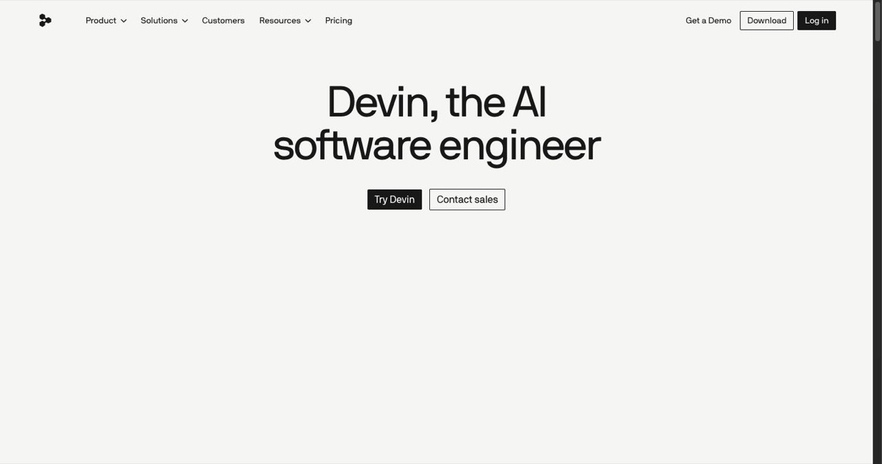 The Devin product page from Cognition, showing how the AI software engineer takes a ticket, writes code and opens a pull request, plus newer incident triage and security scanning work.