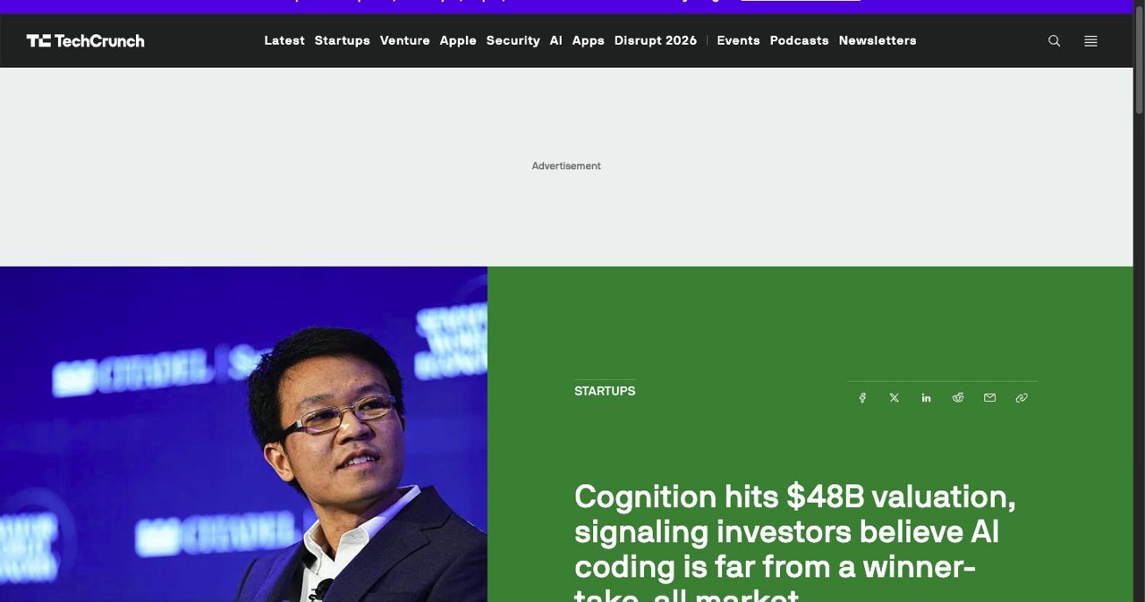 TechCrunch's September 8, 2026 report by Marina Temkin headlined that Cognition hit a $48B valuation, signaling investors believe AI coding is far from a winner-take-all market.