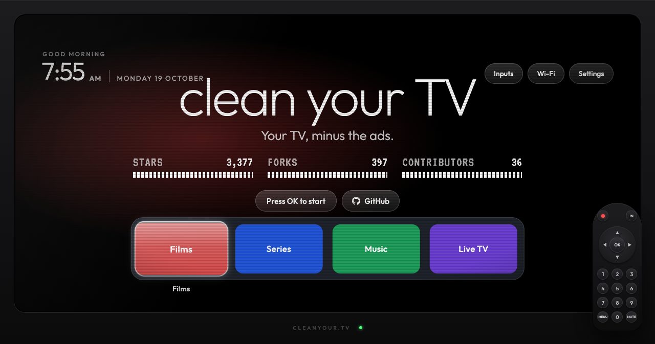 The cleanyour.tv homepage on October 19, 2026, drawn as a TV screen with the headline "clean your TV, your TV minus the ads", live counters of 3,377 stars, 397 forks and 36 contributors, and a dock of Films, Series, Music and Live TV tiles beside an on-screen remote