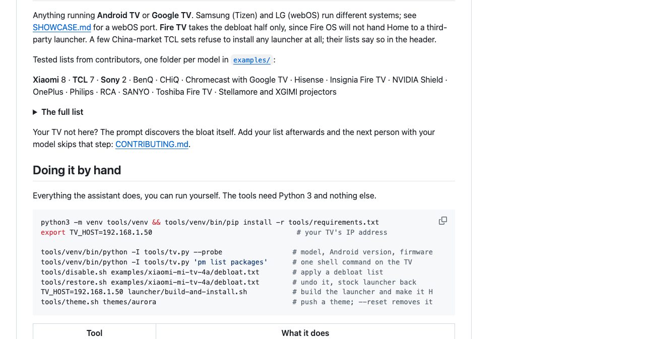 The "Doing it by hand" section of the cleanyourtv README with commands to set up a Python virtual environment, probe the TV with tools/tv.py, list packages, apply and restore a debloat list, build and install the launcher, and push a theme