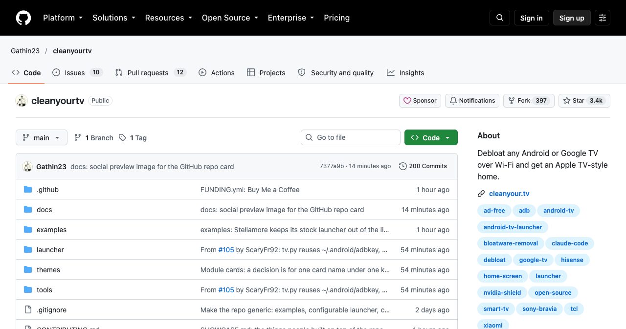 The Gathin23/cleanyourtv repository on GitHub with 3.4k stars, 397 forks and 200 commits, described as "Debloat any Android or Google TV over Wi-Fi and get an Apple TV-style home", with topics including adb, android-tv, claude-code, google-tv, xiaomi and sony-bravia