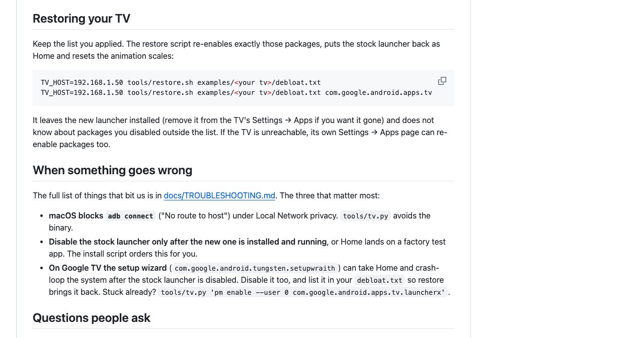 The "Restoring your TV" and "When something goes wrong" sections of the cleanyourtv README: the restore commands for Android TV and Google TV, and the three issues that matter most, including the Google TV setup wizard crash loop and its one-line fix
