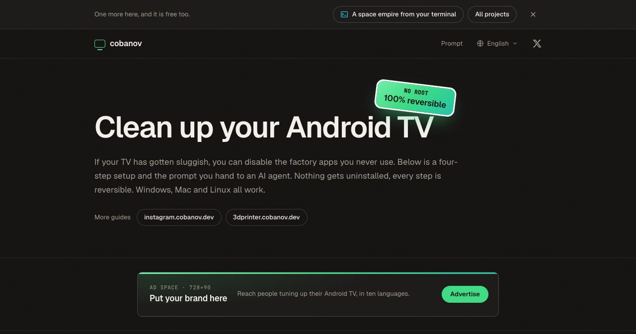 Mert Cobanov's guide at tv.cobanov.dev, "Clean up your Android TV", with a "No root, 100% reversible" tag, explaining a four-step setup and a prompt for an AI agent that disables unused factory apps without uninstalling anything