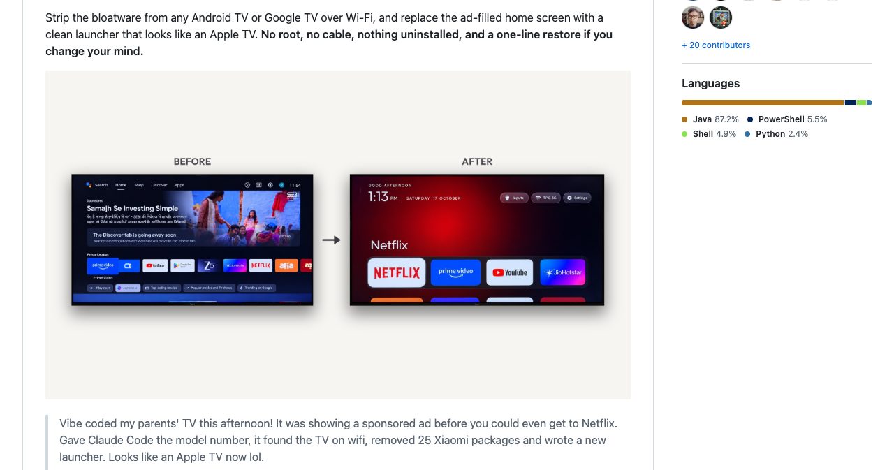 The README of Gathin23/cleanyourtv on GitHub with its before and after image: a stock Google TV home screen led by a sponsored banner next to the Clean Your TV launcher with a black background, a clock and a dock of Netflix, Prime Video, YouTube and JioHotstar, followed by the original post quoted in full