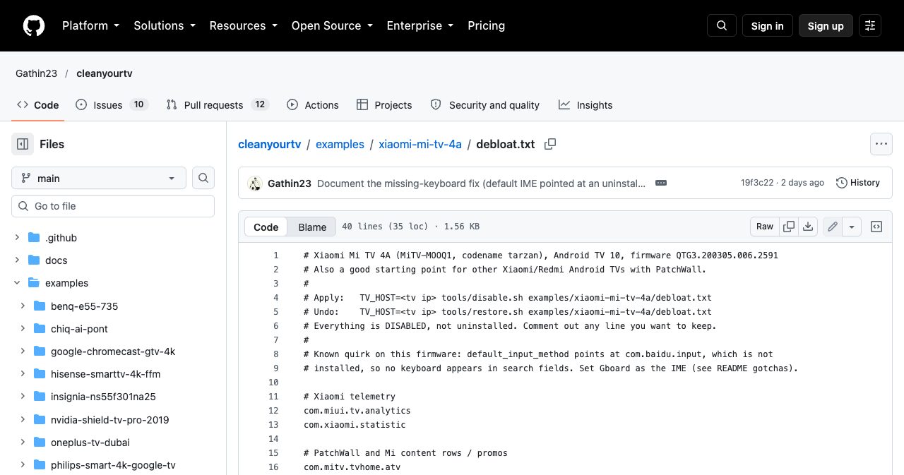 The debloat.txt list for the Xiaomi Mi TV 4A in the cleanyourtv repo, with apply and undo commands, a note that everything is disabled and not uninstalled, a known keyboard quirk, and the first groups: Xiaomi telemetry and PatchWall content rows