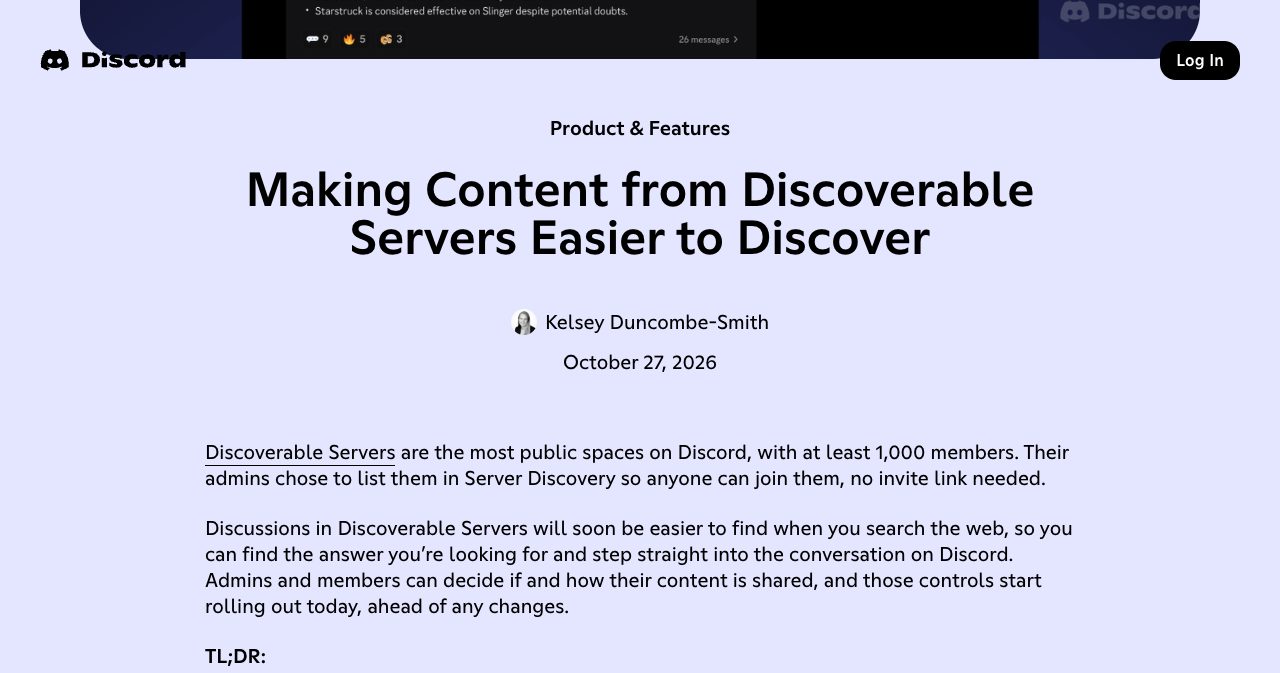 Discord's October 27, 2026 blog announcement "Making Content from Discoverable Servers Easier to Discover", showing the headline, author, publication date and the opening definition of Discoverable Servers as the most public spaces on Discord with at least 1,000 members