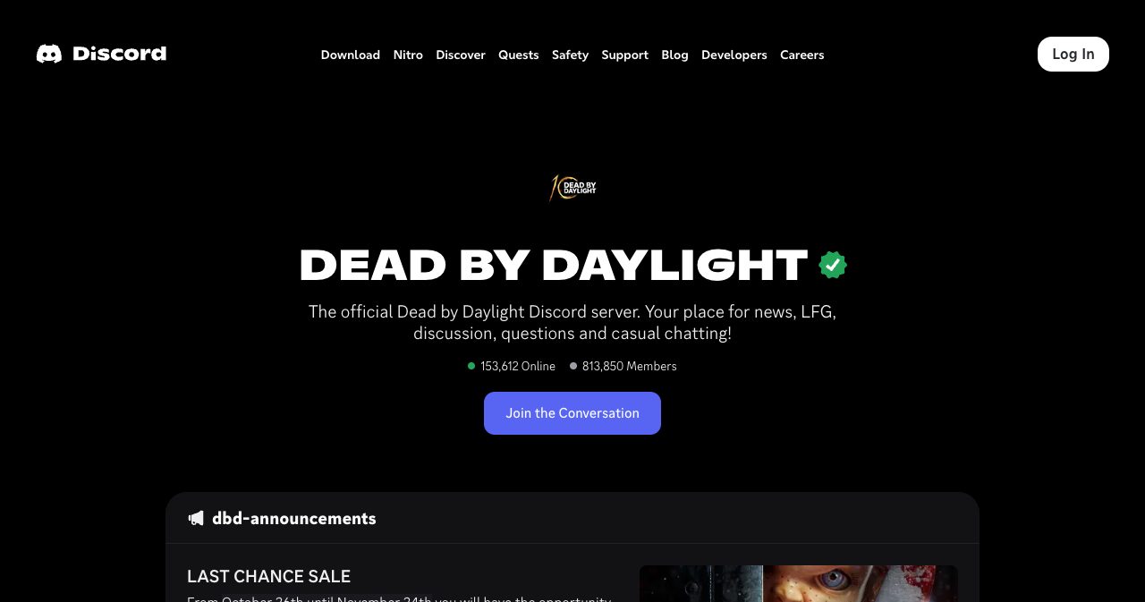 The live Server Web Page for the official Dead by Daylight Discord server at discord.com, listing 813,850 members and publishing channel messages like the dbd-announcements sale post on the open web with no login required