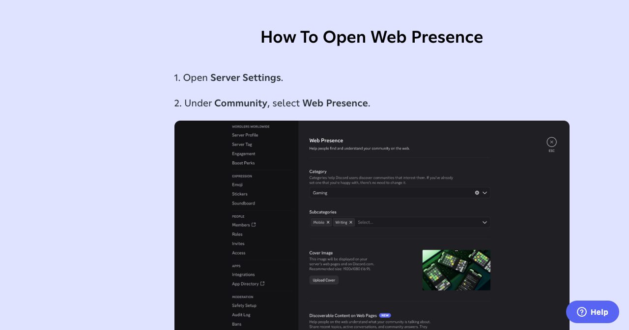 Discord Server Settings showing the Web Presence panel under Community, with category, cover image and the new "Discoverable Content on Web Pages" controls that admins use to choose which public channels appear on the web