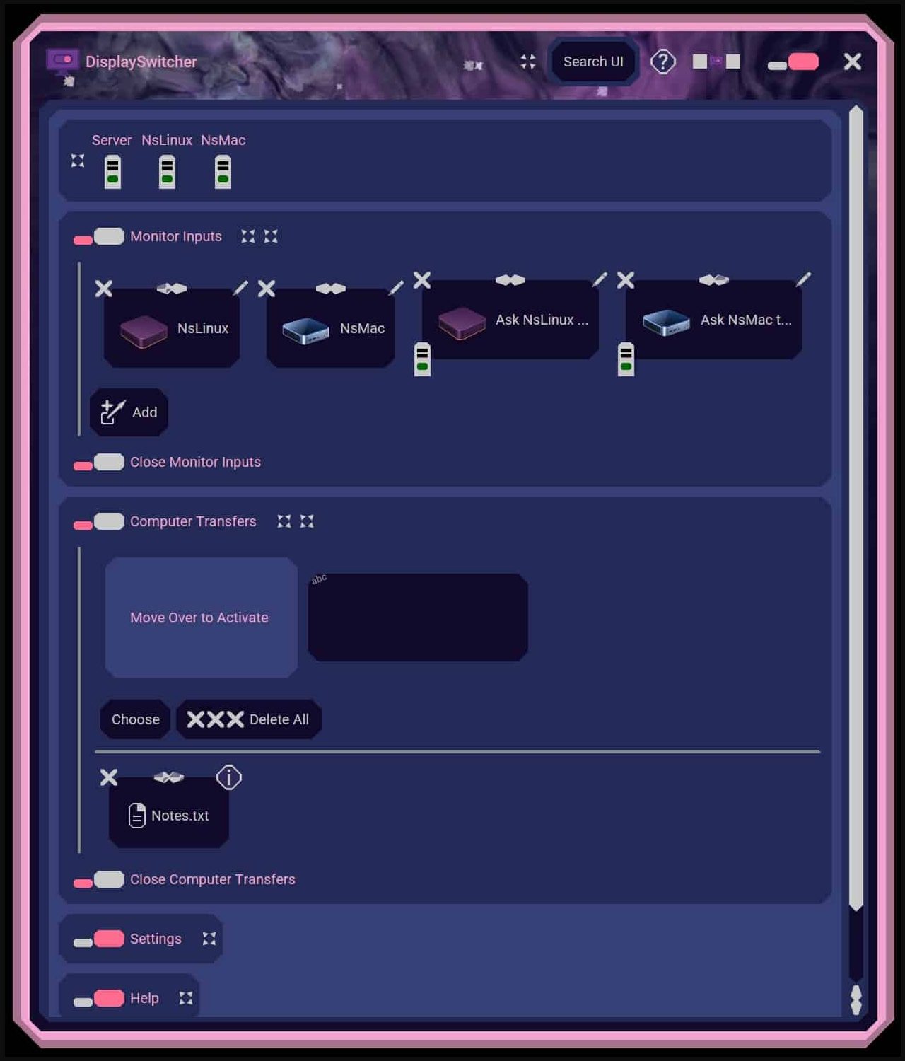 The full DisplaySwitcher window from Nebula Software's product screenshot: a status strip with Server, NsLinux and NsMac, each with a green light, a Monitor Inputs panel with four shortcuts named NsLinux, NsMac, Ask NsLinux and Ask NsMac, each with an icon and delete, reorder and edit controls, an Add button, a Computer Transfers panel with a Move Over to Activate area, a quick text box, Choose and Delete All buttons and a Notes.txt transfer with an info button, and closed Settings and Help panels