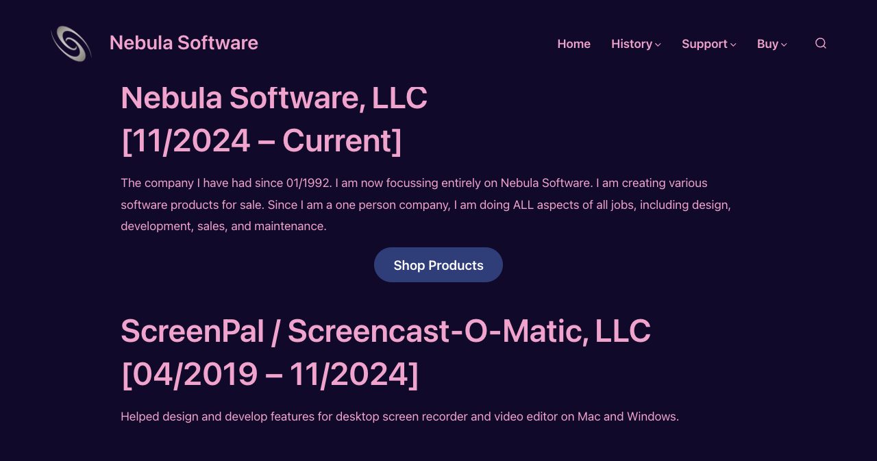 Boyd Edmondson's portfolio page on nebulasoftware.com, listing Nebula Software, LLC from 11/2024 to current, the company held since 01/1992 and now the sole focus, a one-person company creating software products, and ScreenPal / Screencast-O-Matic, LLC from 04/2019 to 11/2024, helping design and develop features for a desktop screen recorder and video editor on Mac and Windows