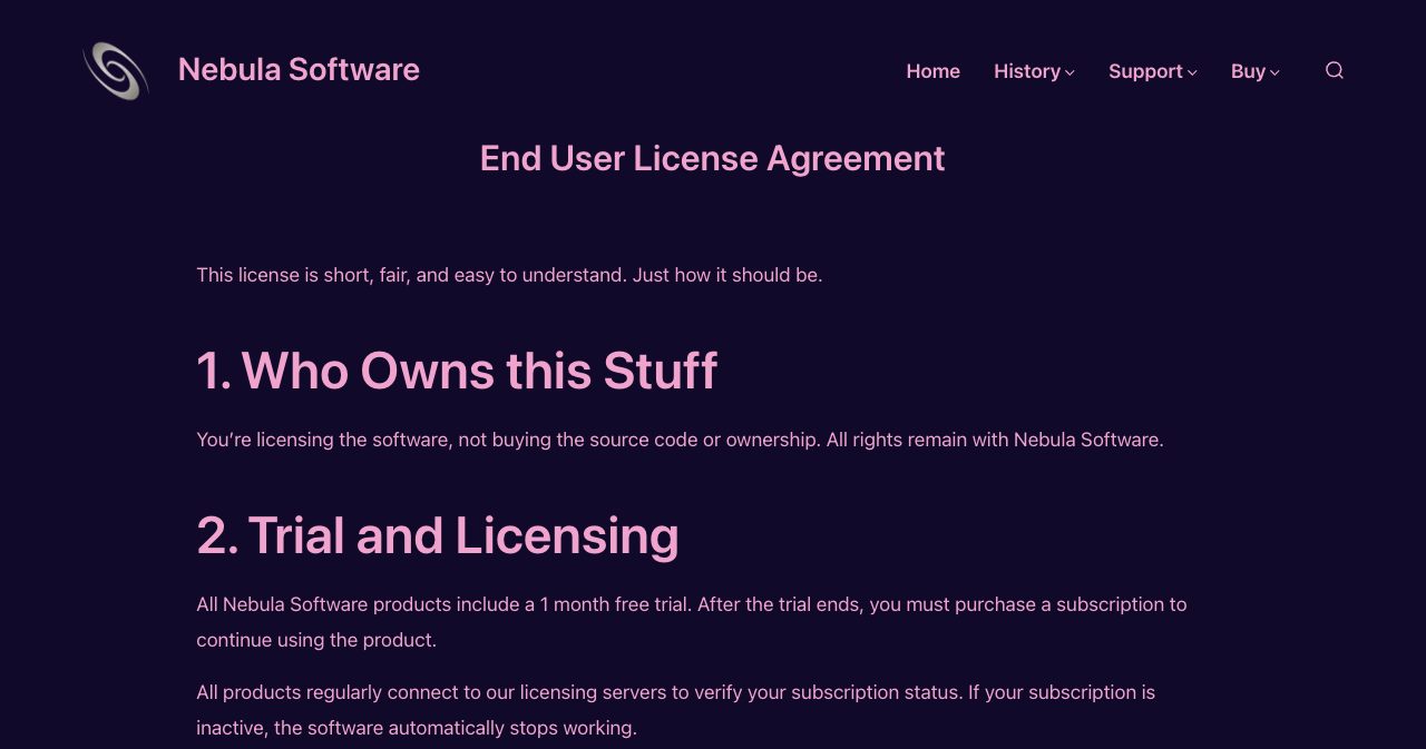 The Nebula Software End User License Agreement, introduced as short, fair and easy to understand, with section 1, Who Owns this Stuff, saying you're licensing the software and all rights remain with Nebula Software, and section 2, Trial and Licensing, saying every product includes a one-month free trial and regularly connects to the licensing servers, stopping if the subscription is inactive