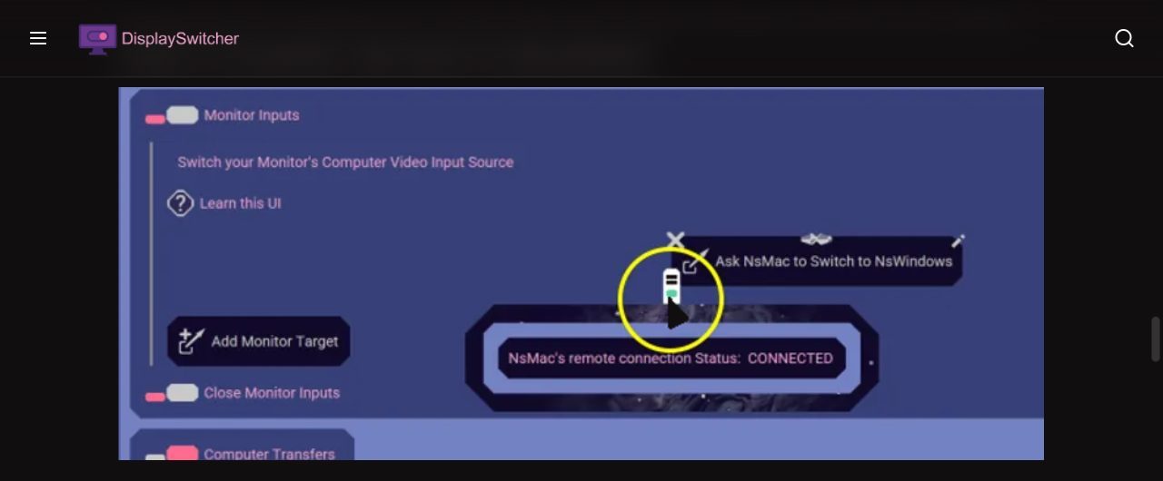 A remote monitor shortcut named Ask NsMac to Switch to NsWindows in the DisplaySwitcher docs, with its remote computer icon circled in yellow and a label reading NsMac's remote connection Status: CONNECTED