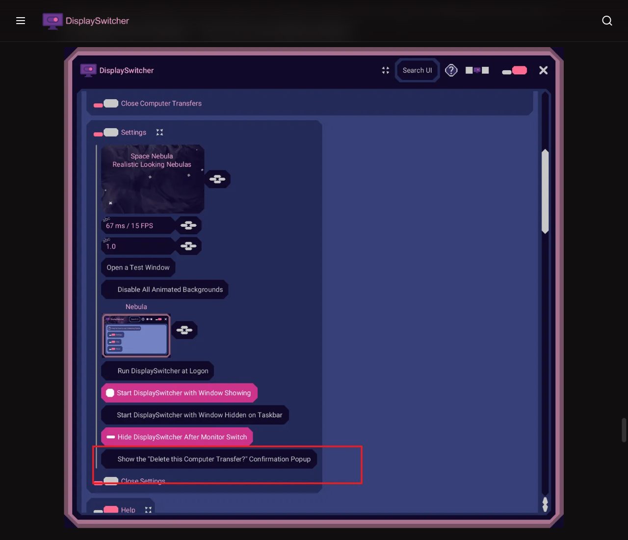 The DisplaySwitcher Settings panel from the docs, with a Space Nebula, Realistic Looking Nebulas background preview, a 67 ms / 15 FPS animation field, Open a Test Window and Disable All Animated Backgrounds buttons, a Nebula theme preview, and the options Run DisplaySwitcher at Logon, Start DisplaySwitcher with Window Showing, Start DisplaySwitcher with Window Hidden on Taskbar, Hide DisplaySwitcher After Monitor Switch and Show the Delete this Computer Transfer? Confirmation Popup, the last one outlined in red