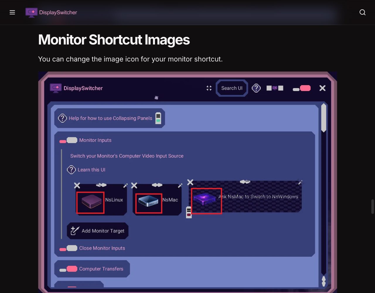 The Monitor Shortcut Images section of the DisplaySwitcher docs, saying you can change the image icon for your monitor shortcut, above the Monitor Inputs panel with three shortcuts, NsLinux and NsMac with computer icons and Ask NsMac to Switch to NsWindows, each icon outlined in red