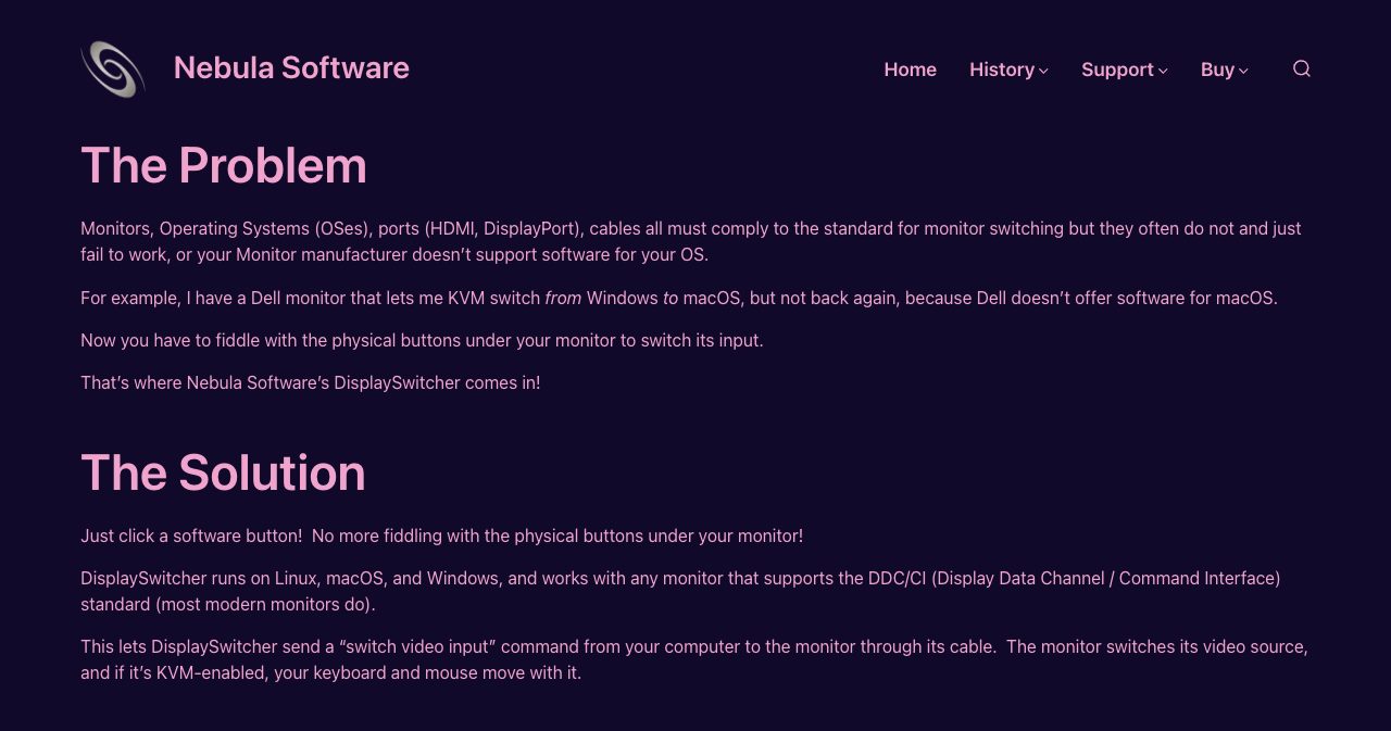 The Problem and The Solution sections of the DisplaySwitcher product page, describing monitors, operating systems, ports and cables that often fail to follow the switching standard, a Dell monitor that can KVM switch from Windows to macOS but not back because Dell doesn't offer software for macOS, and the solution: click a software button, and DisplaySwitcher sends a switch video input command over DDC/CI so the monitor changes its video source and, if it's KVM-enabled, the keyboard and mouse move with it