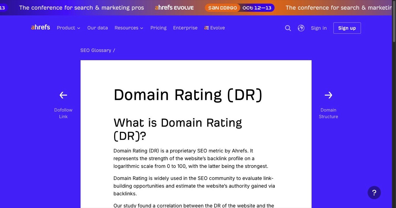 Ahrefs glossary page defining Domain Rating, the 0 to 100 score for backlink profile strength, showing how DR is calculated from referring domains and why Ahrefs says it is not a Google ranking factor