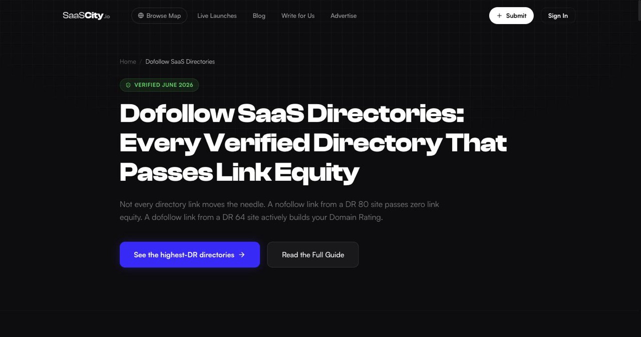 SaaSCity verified dofollow SaaS directory list page showing directories with confirmed followed links, the free structural link wins the post recommends taking before paid outreach