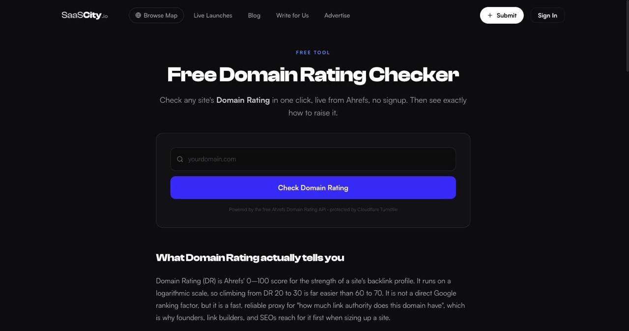 SaaSCity free Domain Rating checker tool page where you enter a domain and get its current DR with no account required, used in the post to benchmark your own site against competitors