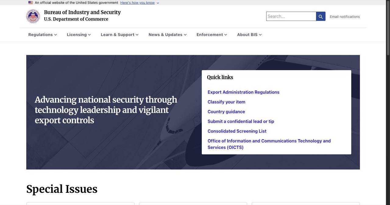 The Bureau of Industry and Security site at the US Commerce Department, the agency that runs the export control regime now extended from semiconductors and weapons components to frontier AI models.