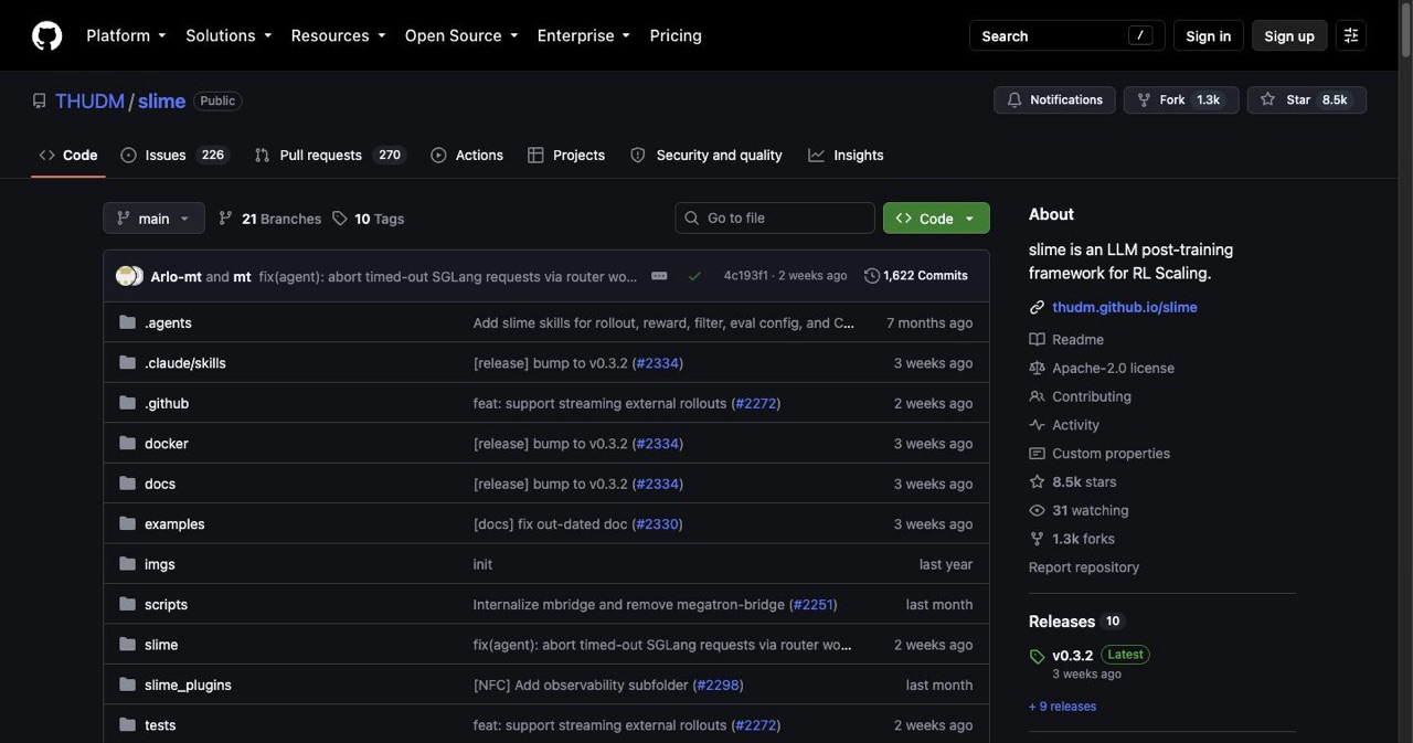 THUDM/slime GitHub repository for Z.ai open-source asynchronous reinforcement learning, Megatron for training and SGLang for rollout, the stack behind the GLM-5.3 post-training gains