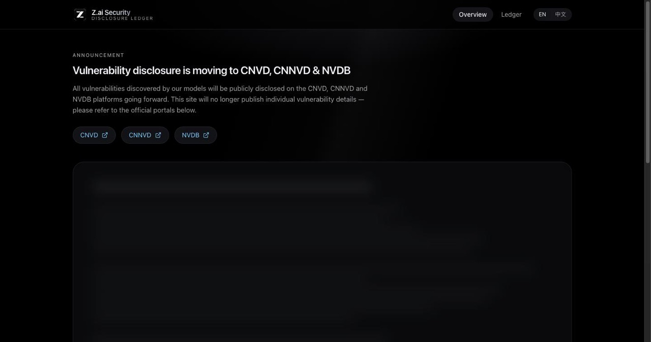 Z.ai public coordinated vulnerability disclosure ledger at cvd.z.ai, listing findings from GLM-assisted security research across open-source projects, with 53 published and thousands under embargo