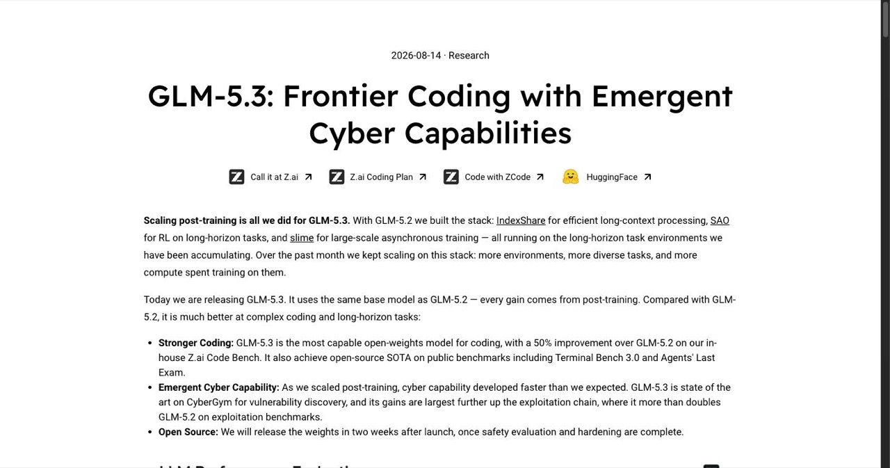 Z.ai official GLM-5.3 launch blog post showing the release announcement, benchmark tables and the Built to Code Ready for Cyber Defense framing for the 744B Mixture-of-Experts coding model