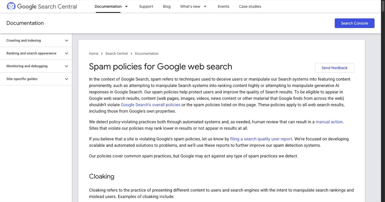 Google web search spam policies documentation listing scaled content abuse, cloaking, doorway pages, keyword stuffing, expired domain abuse and scraped content, the policy list this update enforces
