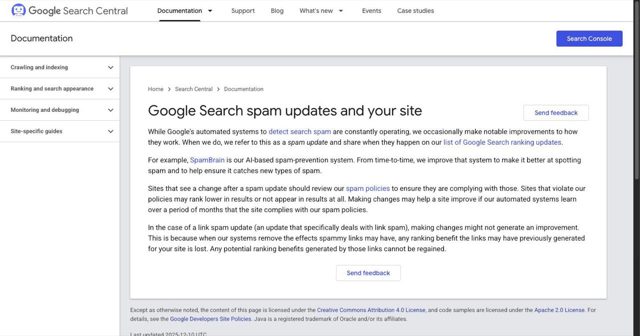 Google Search Central documentation page listing the ranking release history for spam updates, the official page where Google stamps each spam update as complete including the August 2026 rollout