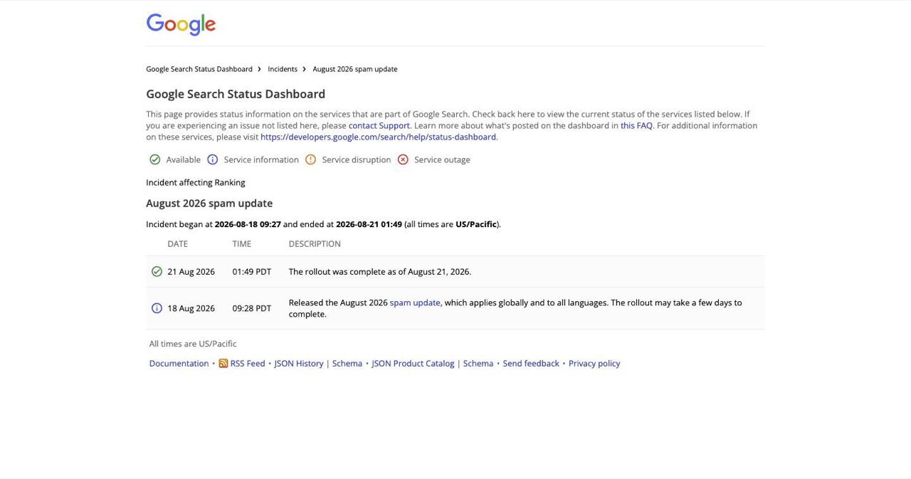Google Search Status Dashboard incident entry for the August 2026 spam update showing the 09:27 Pacific launch timestamp and the official rollout note confirming global all-language coverage