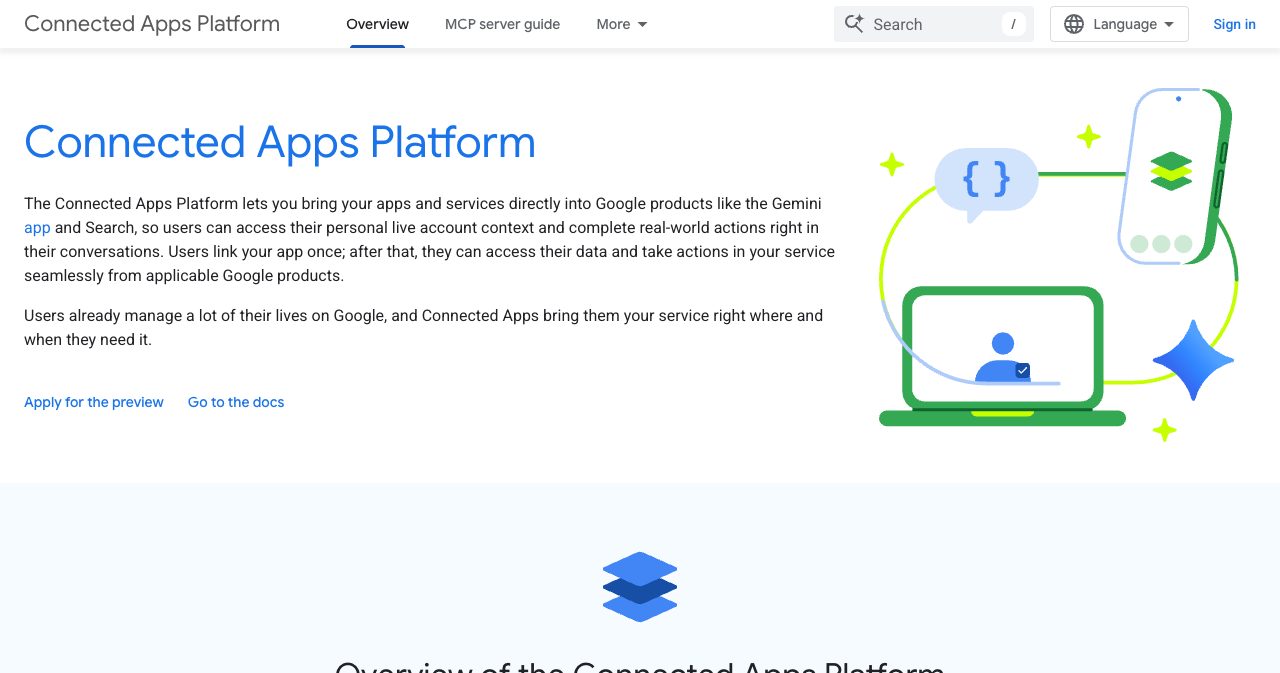 The Connected Apps Platform developer documentation page, showing Google's pitch that apps and services plug directly into the Gemini app and Search with an "Apply for the preview" entry point for developers.