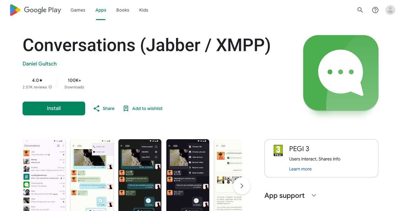 Google Play Store listing for Conversations Jabber XMPP showing a free install button, 4.0 stars, 2.57K reviews, and over 100K downloads following the developer removing the purchase price