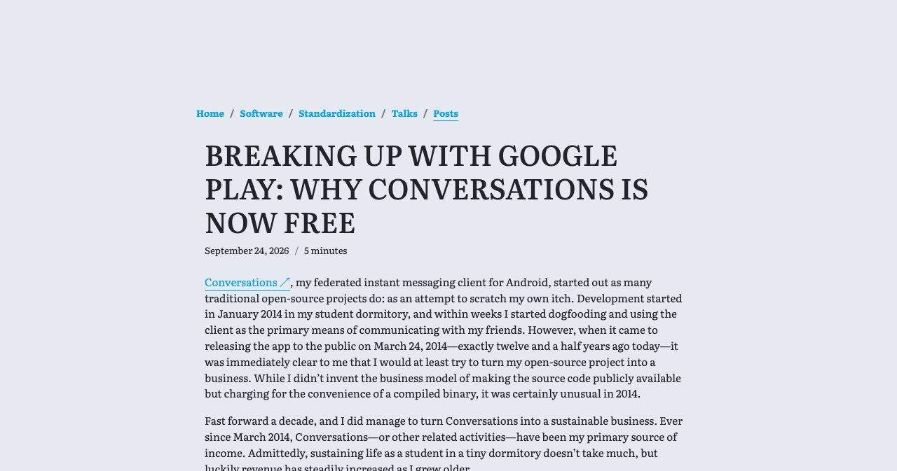 Daniel Gultsch's post "Breaking Up with Google Play: Why Conversations Is Now Free" dated September 24, 2026, a 12-year indie developer publicly ending his paid app's life on the Play Store after twelve and a half years
