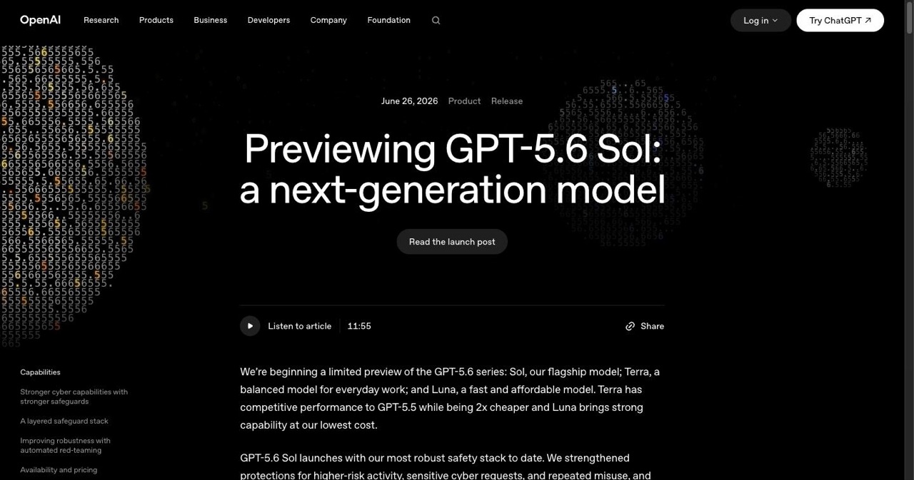 OpenAI official announcement page previewing GPT-5.6 Sol, describing the flagship agentic model, its max and ultra modes, benchmark results and the limited preview access arrangement