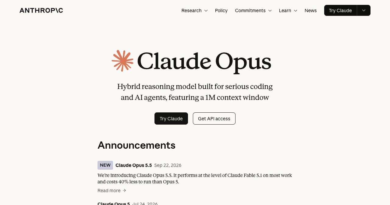 Anthropic official Claude Opus documentation and product overview, outlining the 1M token context window, adaptive thinking, and enterprise safety architecture for long-horizon agentic coding.