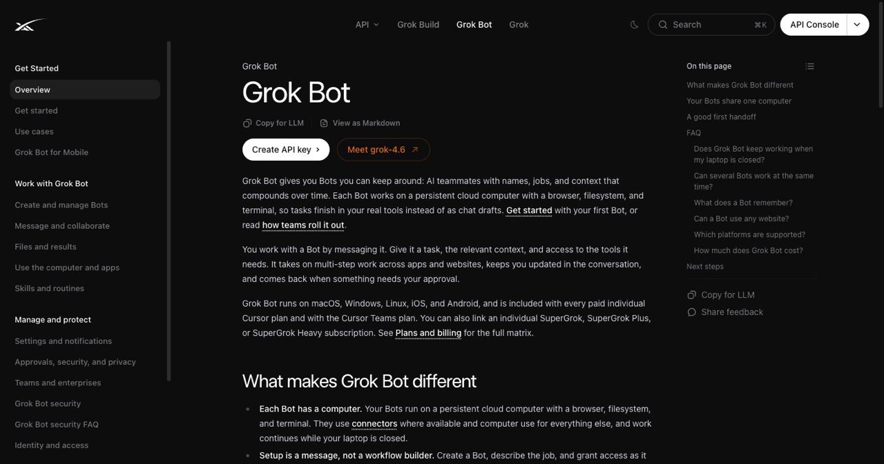 xAI's Grok Bot documentation overview explaining that a Bot is a named teammate with its own instructions, memory and skills running on a persistent cloud computer with browser, filesystem and terminal.