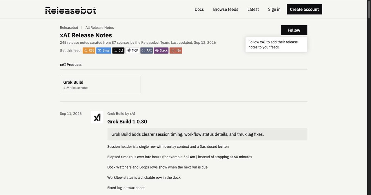 The xAI release notes feed listing dated Grok Bot updates including templates, the X connector, the Android app and enterprise controls across August and September 2026.