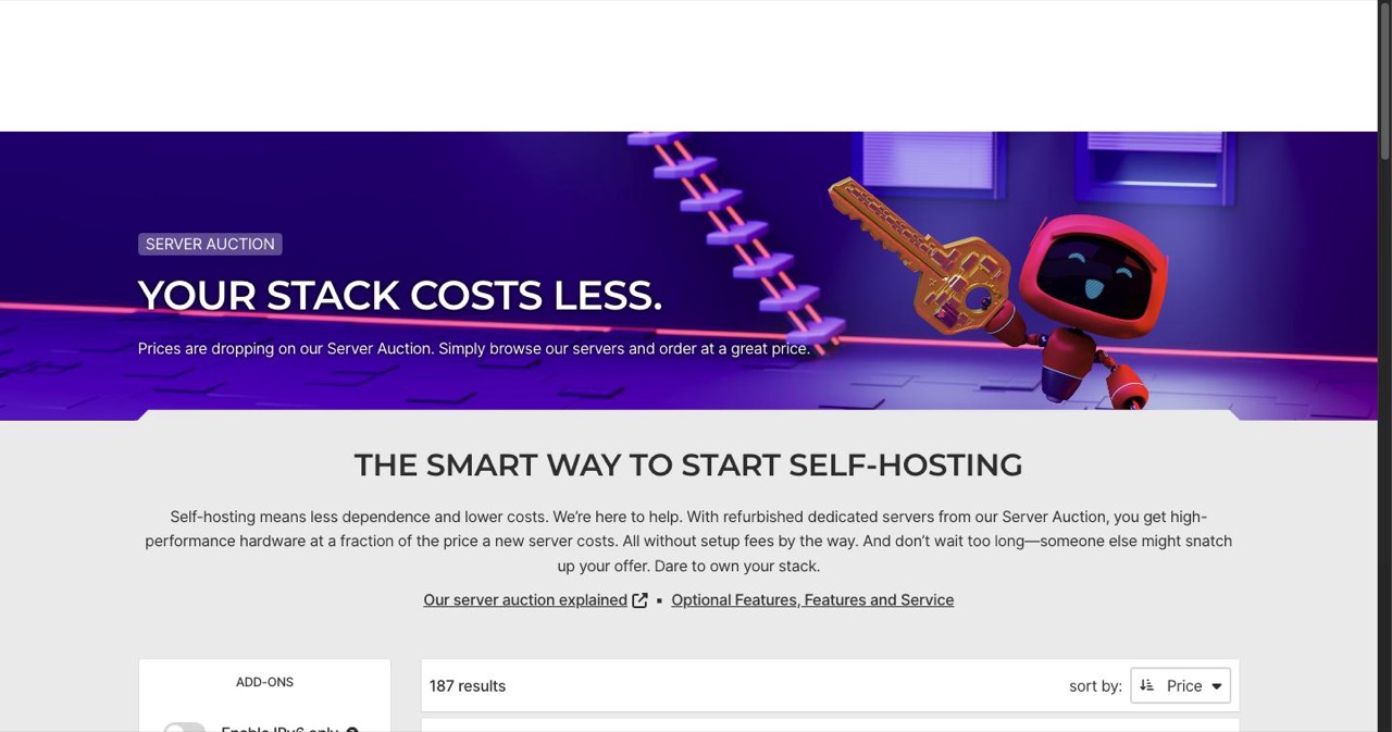 Hetzner's Server Auction listing page showing used dedicated servers with their CPU, RAM and disk specs and monthly prices, the line the post says was largely exempt from the June 2026 increase.